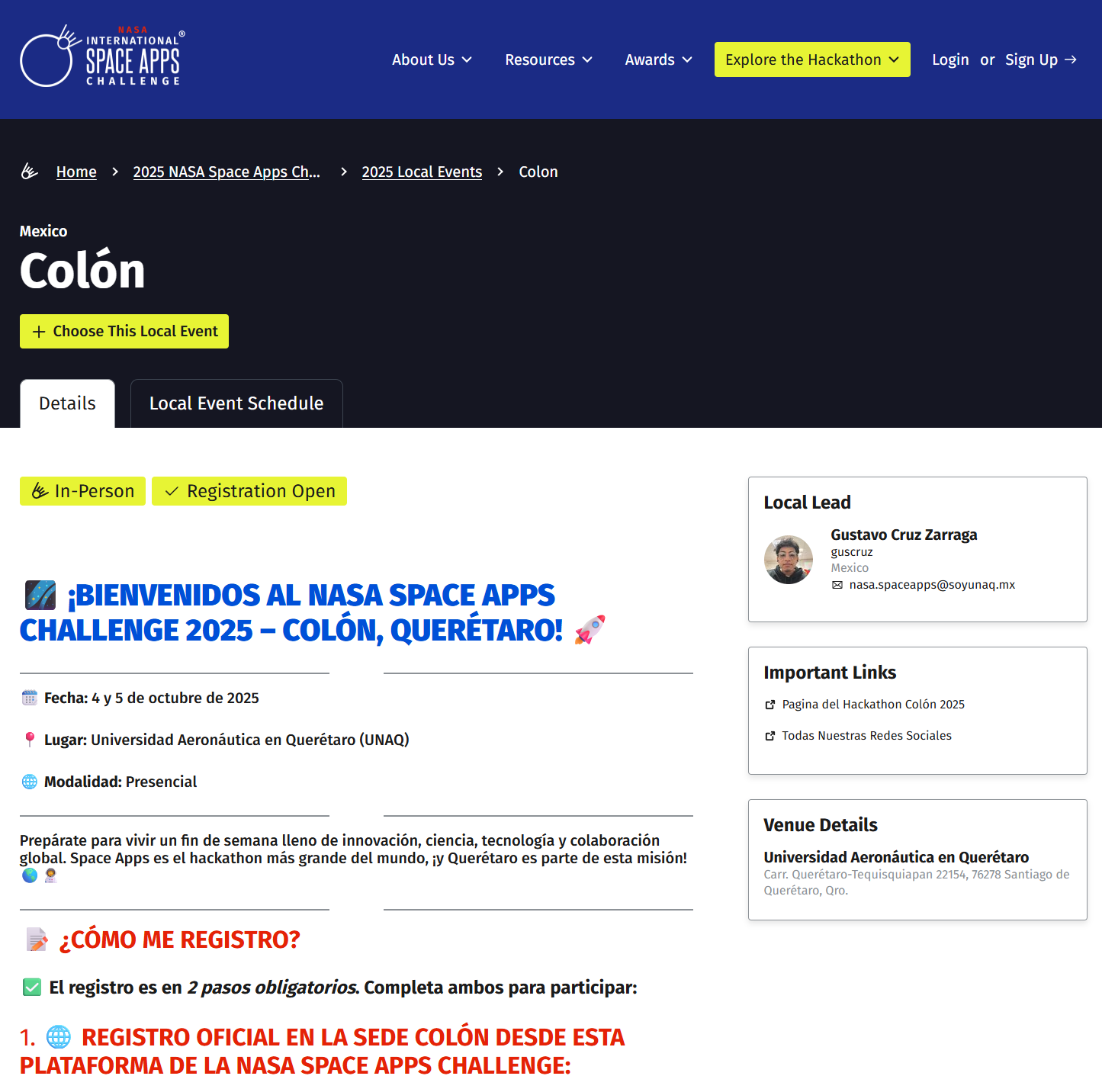 Página oficial de registro NASA Space Apps